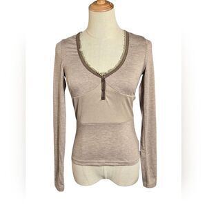 IAEY Brown Corset Style Two Fabric Henley Top NWT
